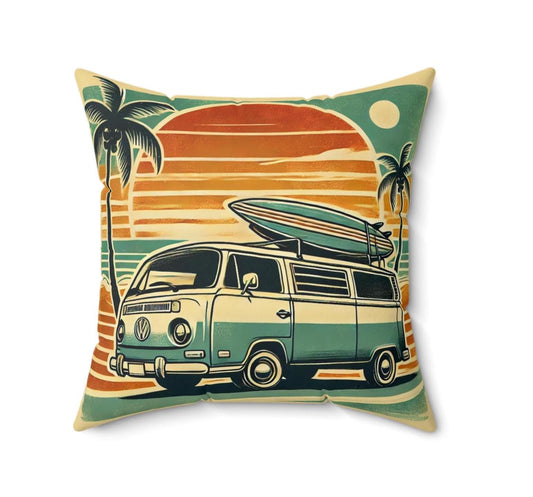 Sunset Surf Throw Pillow (14"x14" Square), Housewarming Decor, Birthday Gift, Christmas Gift, Mid-Century Modern Vintage Charm, California