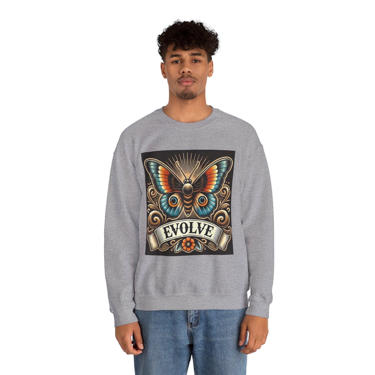 Butterfly Vintage Tattoo Sweatshirt, EVOLVE Tattoo Design, Unisex Crewneck Jumper, Vintage Pullover, Gift for Tattoo Lover, Retro Style