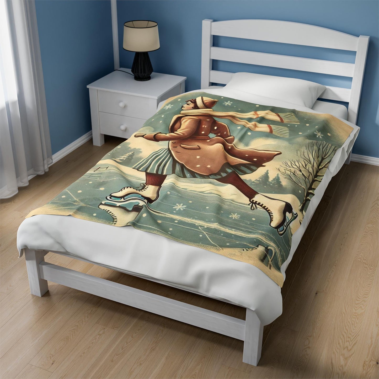 Plush Winter Blanket, Ice Skating Design, Soft Fleece Throw, Housewarming Gift, Holiday Home Decor, Christmas Theme, Warm Bedding