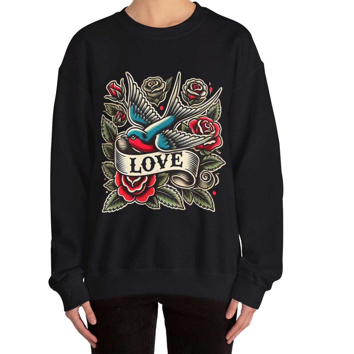 Vintage Tattoo Sweatshirt, LOVE Tattoo Design, Unisex Crewneck Jumper, Vintage Pullover, Gift for Tattoo Lover, Retro Style