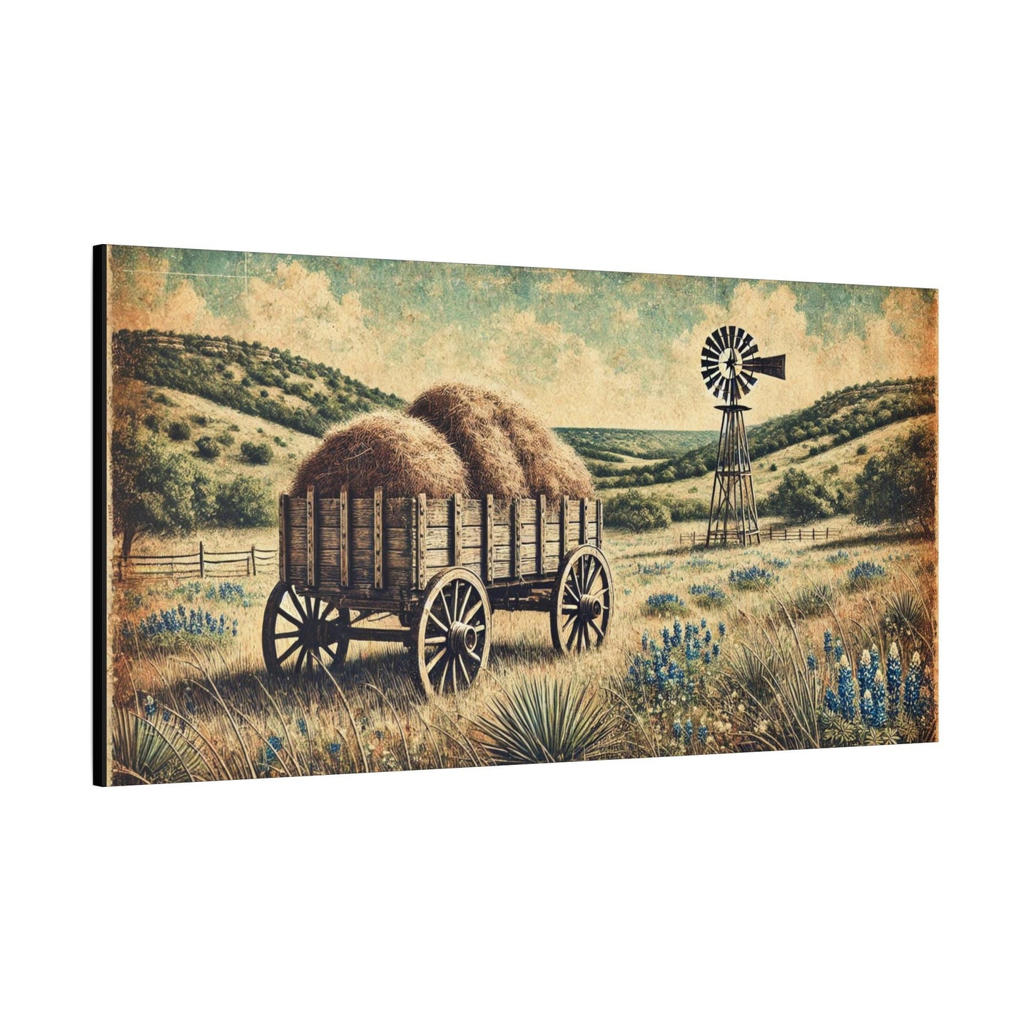 Original Primitive Folk Art Hay Wagon Canvas Print, Matte Stretched Wall Art, 7 Sizes Available, Landscape Painting, Home Office Decor