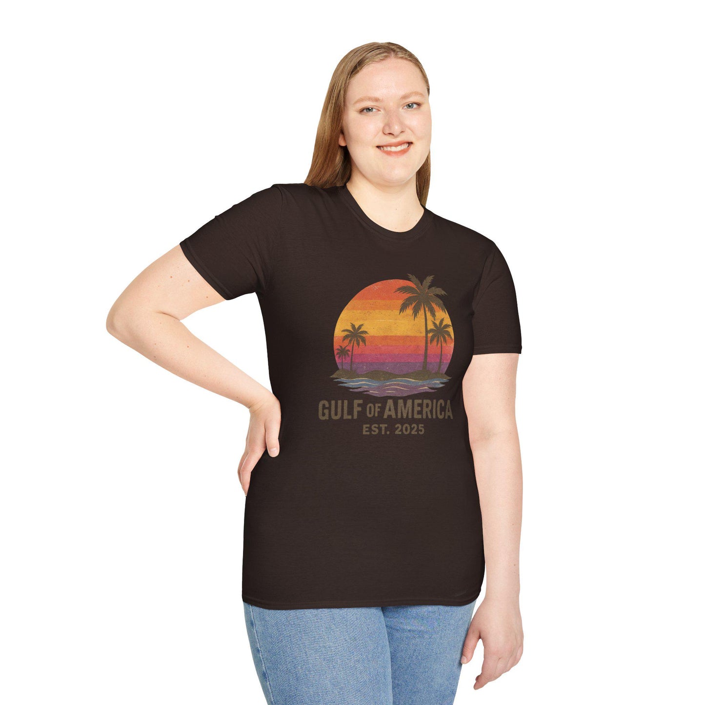Gulf of America Retro Unisex Softstyle T-Shirt, Beach Sunset Shirt, Summer Vacation Apparel, Tropical Graphic Tee, Great Again Casual Wear