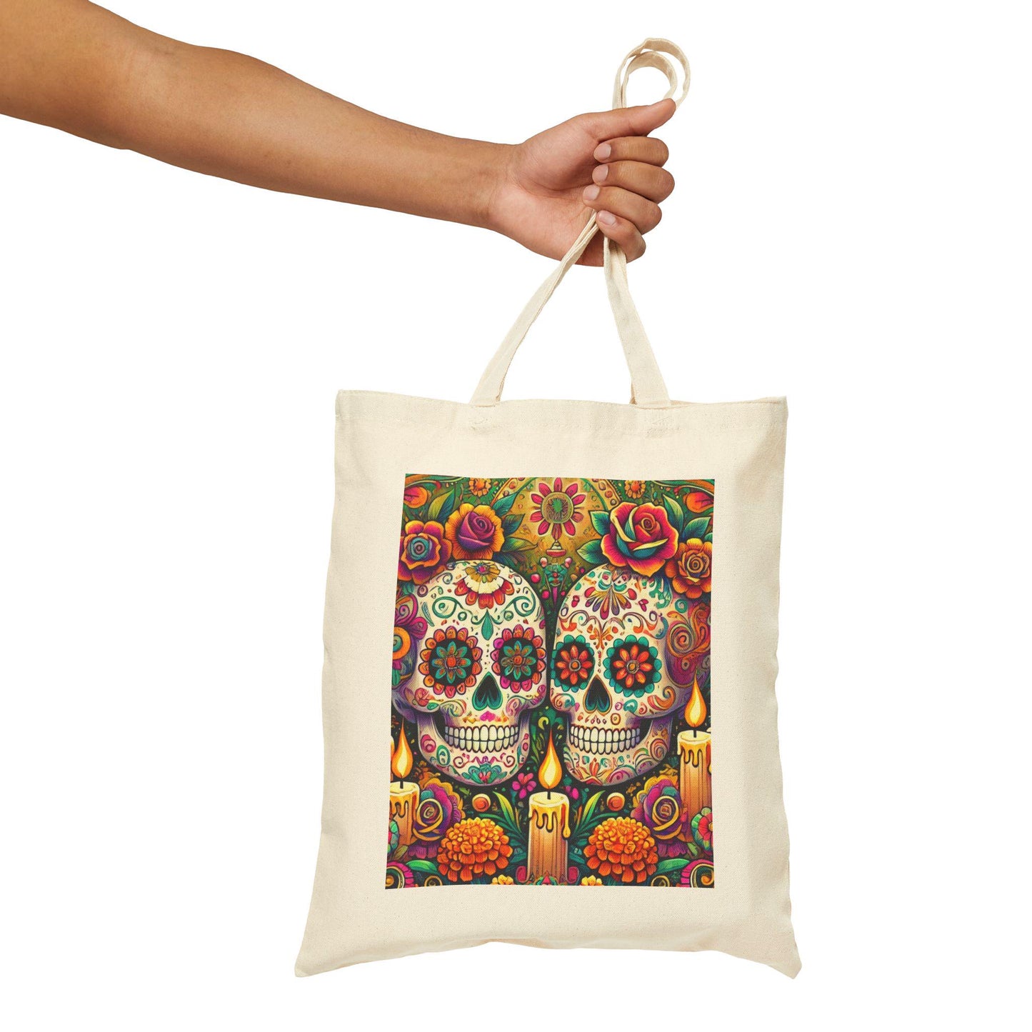 Sugar Skulls Cotton Canvas Tote Bag, Day of the Dead, Durable Market Bag, Boho Shopping Tote, Reusable Grocery Bag, Eco-Friendly Bag