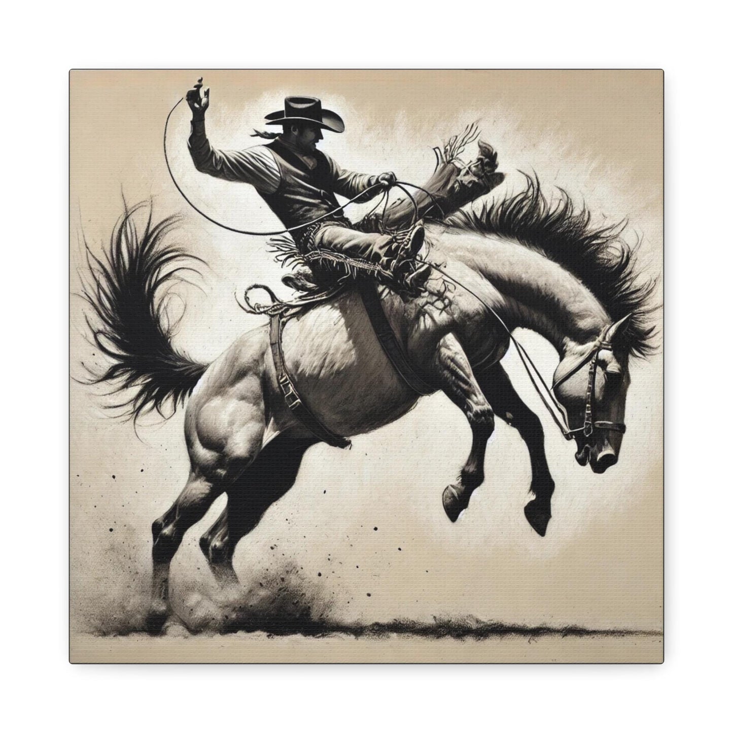 Canvas Print, Cowboy Charcoal Sketch Bucking Bronco Design, Rustic Home Decor, Animal Lover Gift, Nature Print, Matte Stretched Wall Art