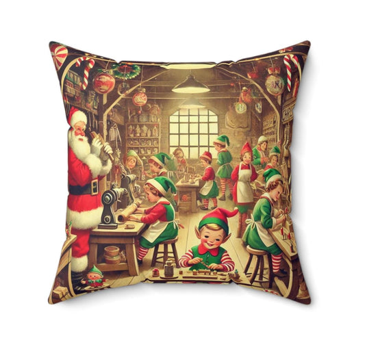 Christmas Throw Pillow Santa's Workshop (14"x14" Square), Holiday Home Decor, Christmas Gifts, Vintage Charm