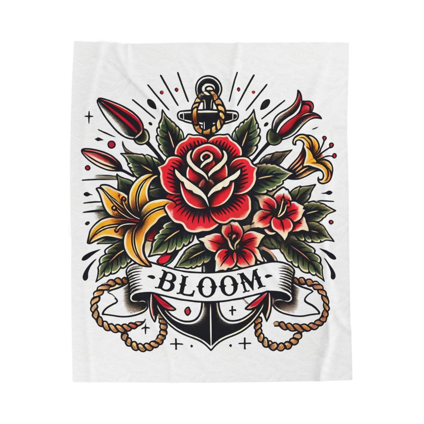 Floral Plush Blanket - Vintage Sailor Tattoo BLOOM Design, Fleece Throw, Housewarming Gift, Nature Theme, Warm Bedding, Tattoo Lover