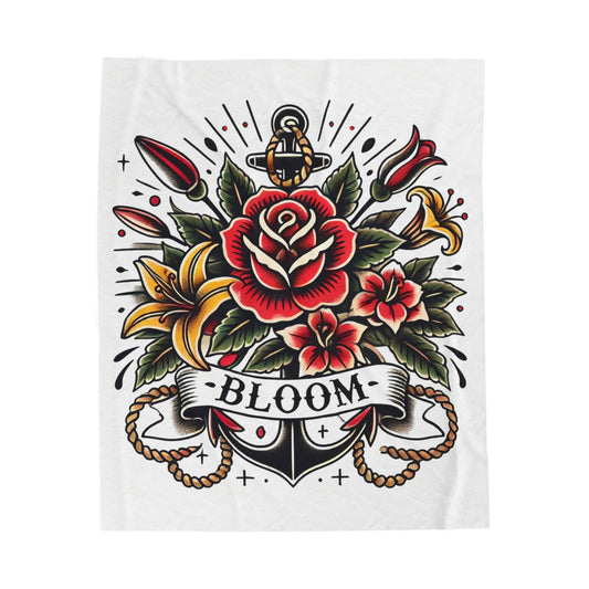 Floral Plush Blanket - Vintage Sailor Tattoo BLOOM Design, Fleece Throw, Housewarming Gift, Nature Theme, Warm Bedding, Tattoo Lover