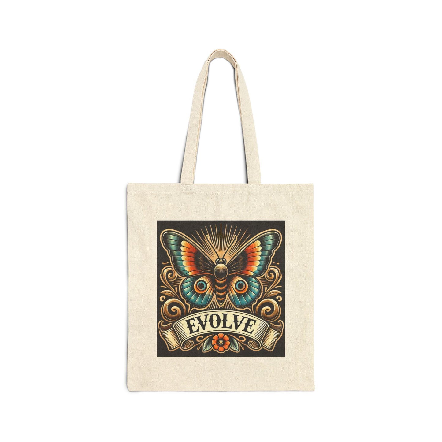 Butterfly Tote Bag, EVOLVE Vintage Tattoo Design, Durable Market Bag, Book Lover Gift, Reusable Grocery Bag, Eco-Friendly, Canvas Tote