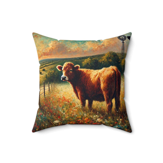 Square Pillow Modern Texas Hill Country Cow Design, Housewarming Gift, Rustic Charm, Soft Throw Pillow, Home Decor, Art Lover Gift
