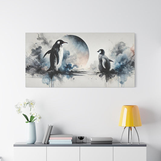Matte Canvas Print, Original Abstract Watercolor Penguins Portrait, Modern Stretched Wall Art, 7 Sizes, Stately Home & Office Decor