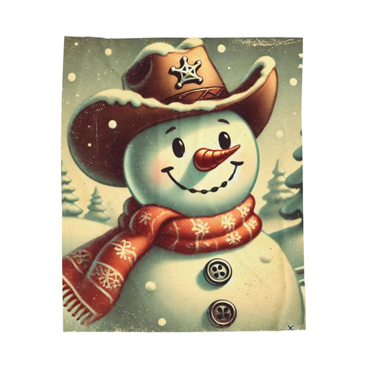 Plush Blanket, Vintage Cowboy Snowman Design, Soft Fleece Throw, Housewarming Gift, Holiday Home Decor, Christmas Theme, Warm Bedding