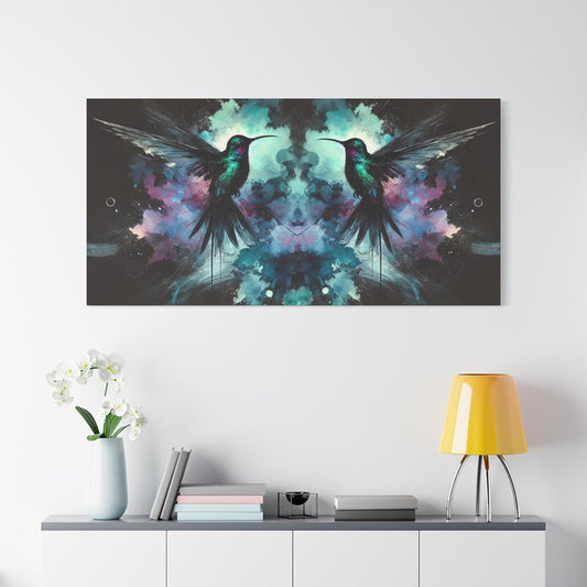 Matte Canvas Art Print, Original Abstract Watercolor NightBird Reflection 3 Hummingbirds Portrait, 7 Sizes, Modern Stately Home Wall Decor