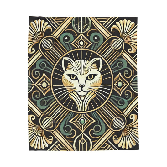Plush Blanket, Art Deco Cat Design - Cozy Throw, Lightweight Blanket, Vintage Chic Home Decor, Cat Lover Gift, Animal Print Bedding
