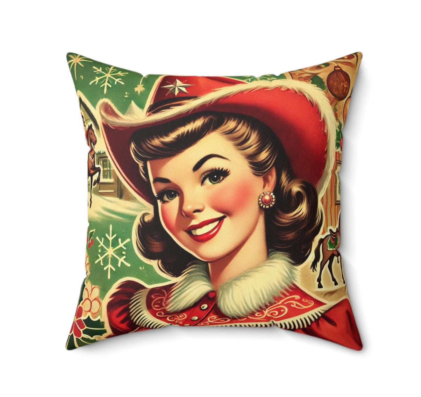 Christmas Cowgirl Throw Pillow (14"x14" Square), Holiday Gifts, Cowboy Christmas, Mrs. Claus