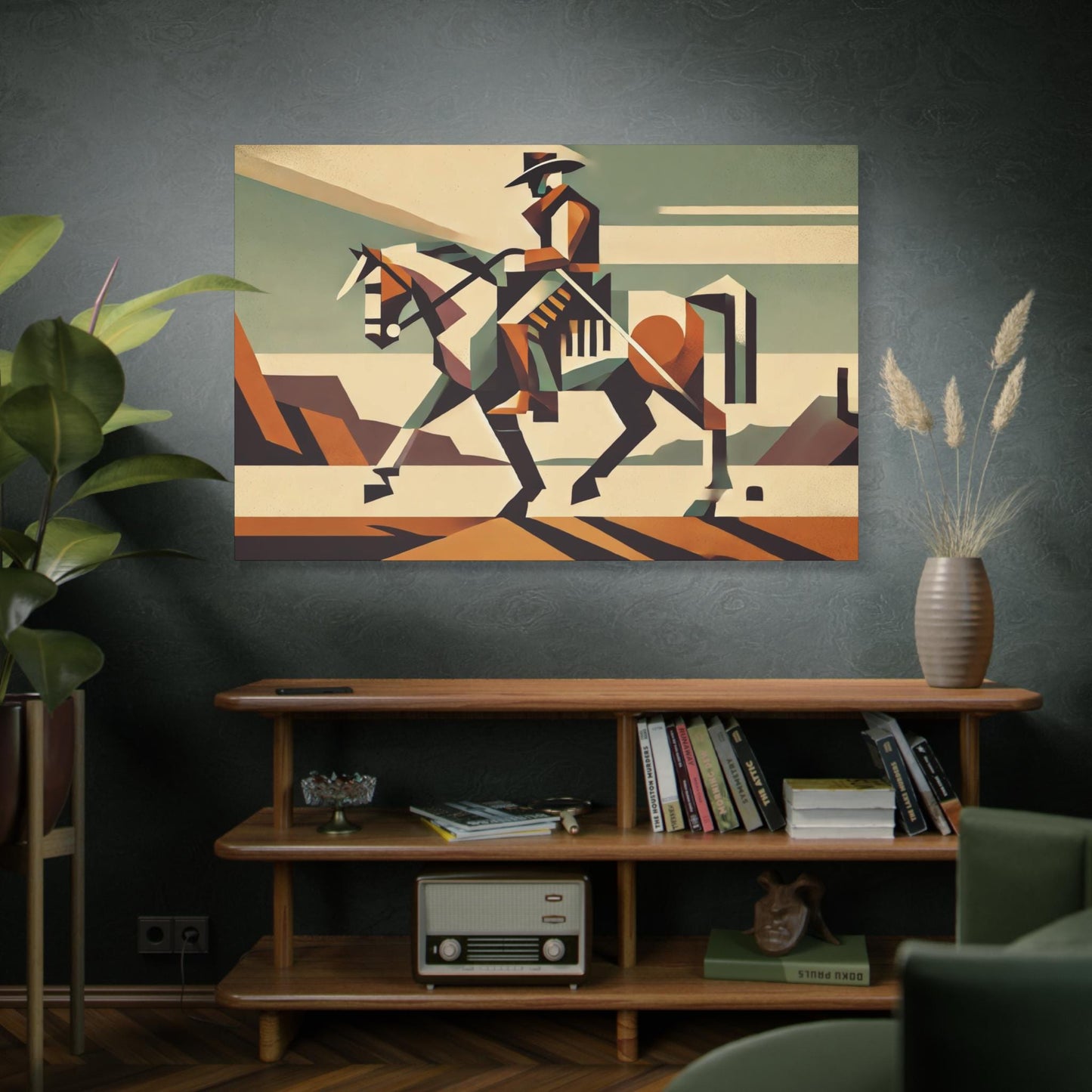 Canvas Print, Original Modern Cubist Cowboy Horse, Matte Stretched Art, 7 Sizes, Landscape Painting, Southwestern Home & Office Wall Decor