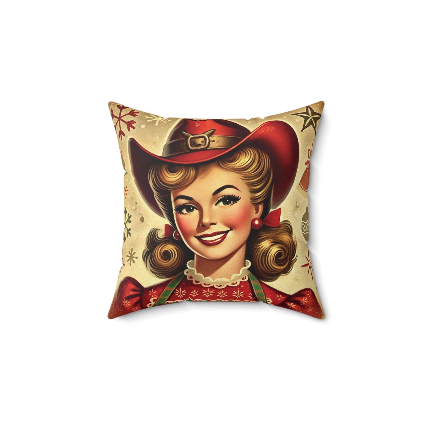 Christmas Cowgirl Throw Pillow (14"x14" Square), Holiday Gifts, Christmas Decor, Country Mrs. Claus