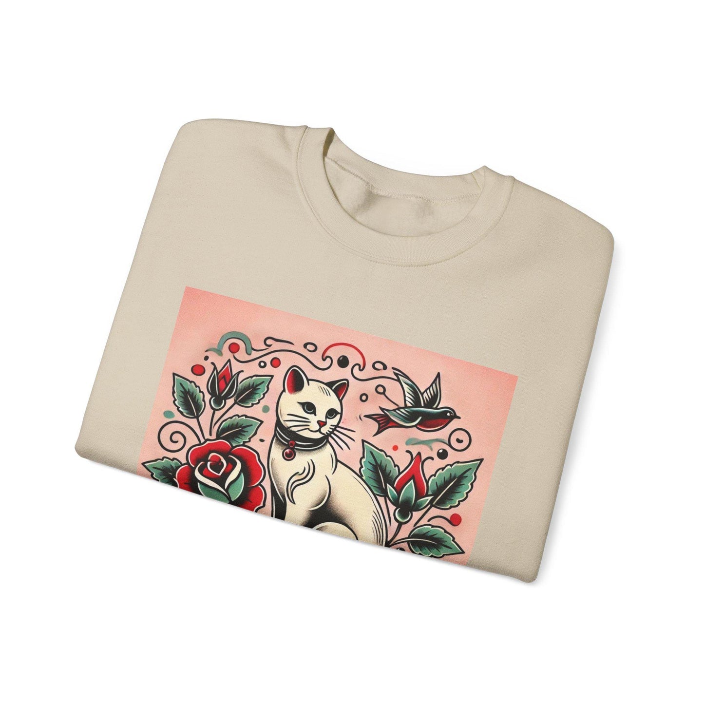 Cat Sweatshirt, Vintage Tattoo Design, Unisex Crewneck Jumper, Bee Pullover, Gift for Cat Lover, Retro Style, Cat Parent