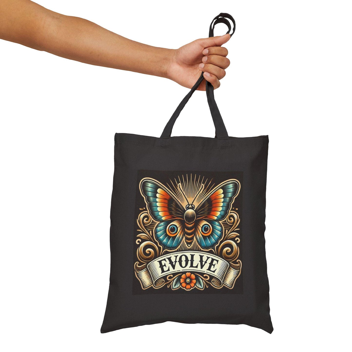 Butterfly Tote Bag, EVOLVE Vintage Tattoo Design, Durable Market Bag, Book Lover Gift, Reusable Grocery Bag, Eco-Friendly, Canvas Tote