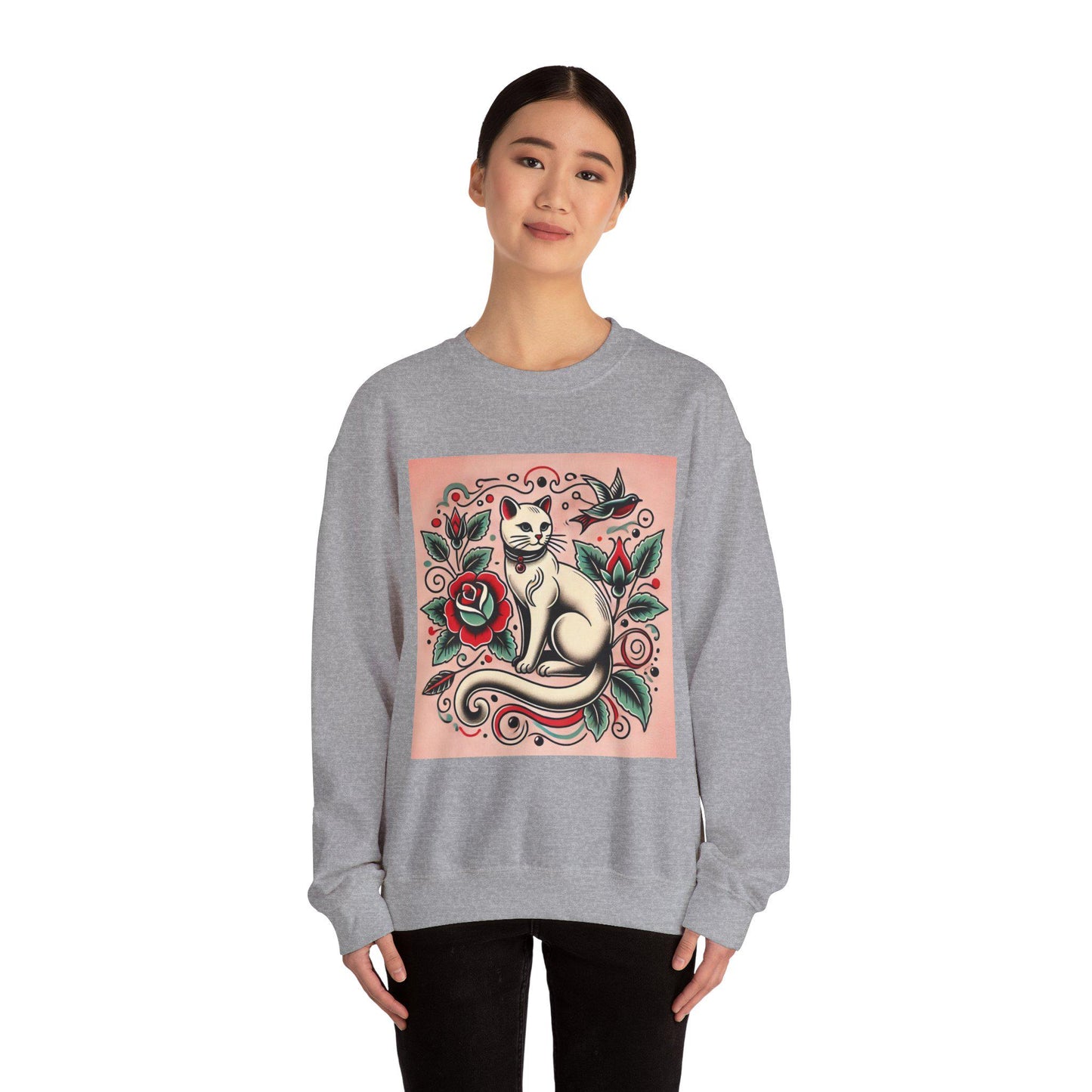 Cat Sweatshirt, Vintage Tattoo Design, Unisex Crewneck Jumper, Bee Pullover, Gift for Cat Lover, Retro Style, Cat Parent