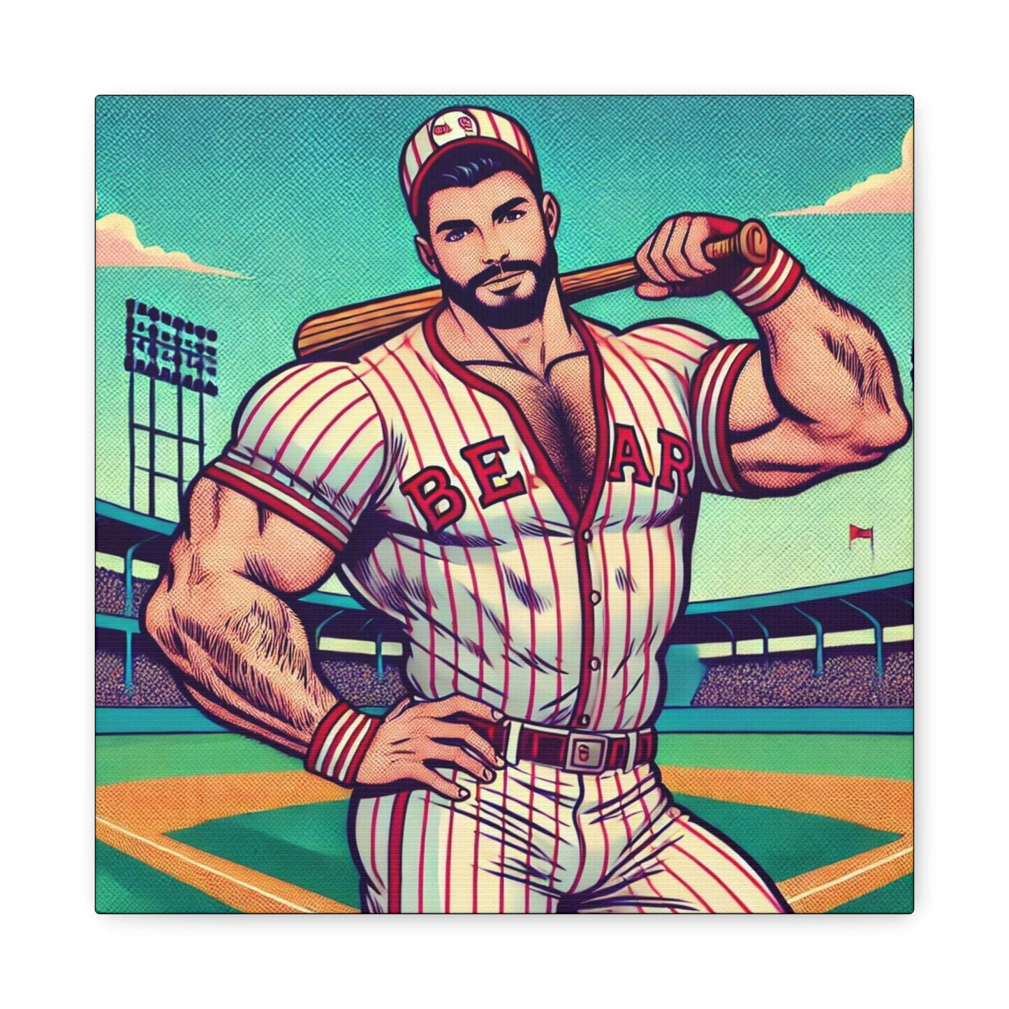 Baseball Daddy Canvas Print, Bear Pop Art Design, Gay Wall Art, Modern Decor, Housewarming Gift, LGBT Gift, Pitcher Catcher, Matte Canvas