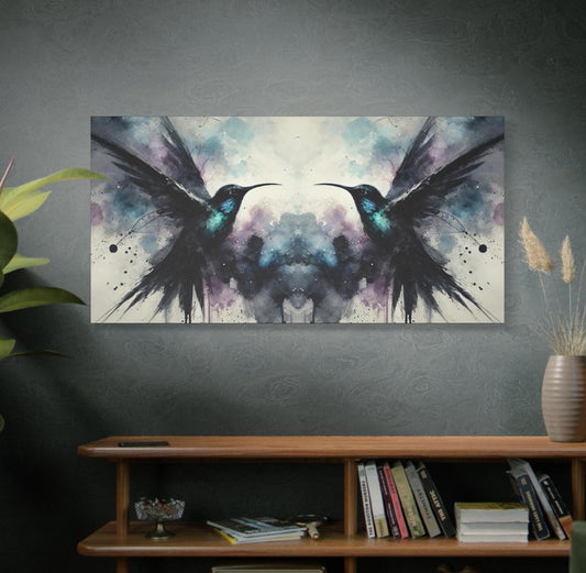 Matte Canvas Art Print, Original Abstract Watercolor NightBird Hummingbird Reflection Portrait, 7 Sizes, Modern Stately Home Decor