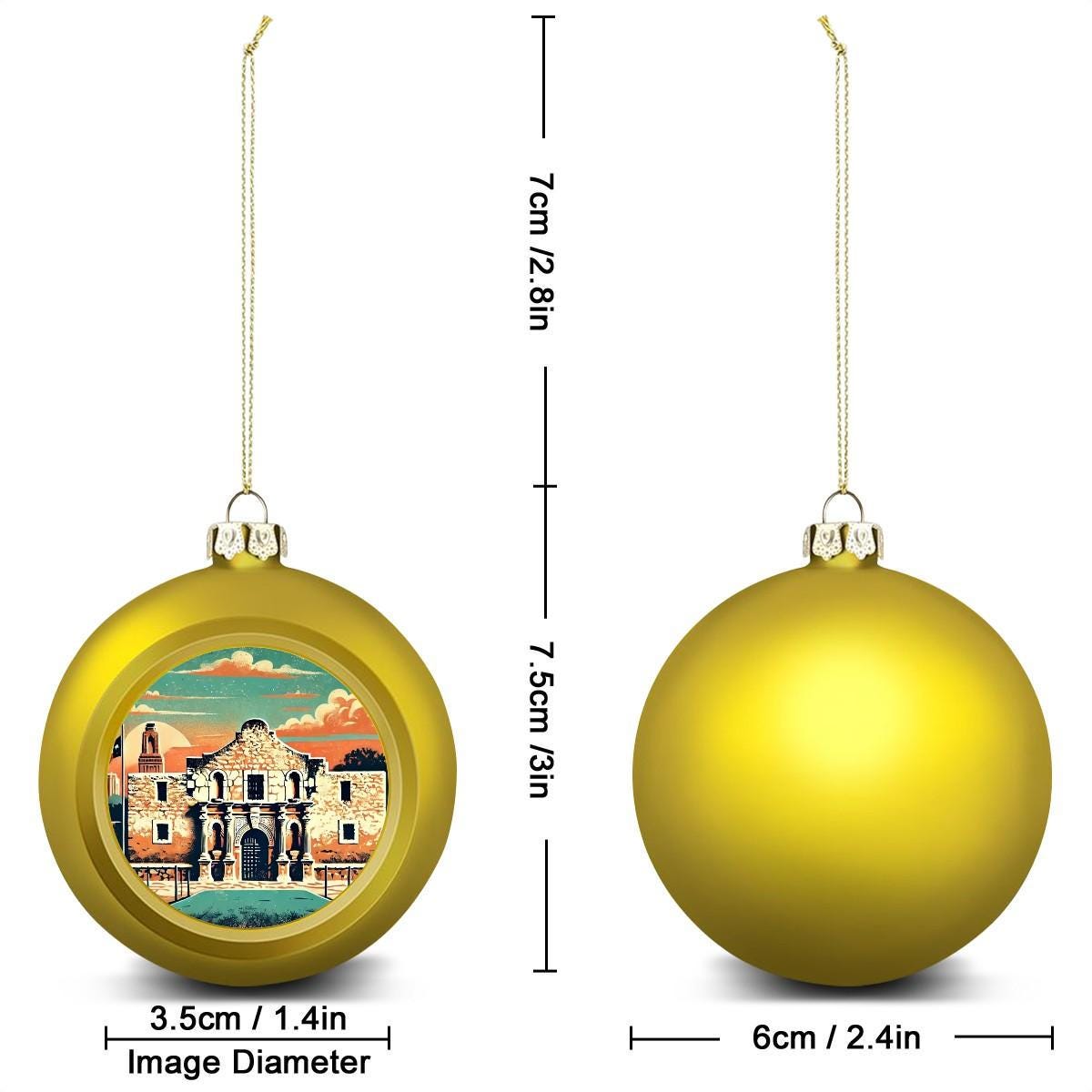 Ornament Set of 2 or 4, Festive Holiday Decor, Christmas Ball Decoration, Custom Texas Alamo Design, San Antonio Travel Gift, Texan Gift