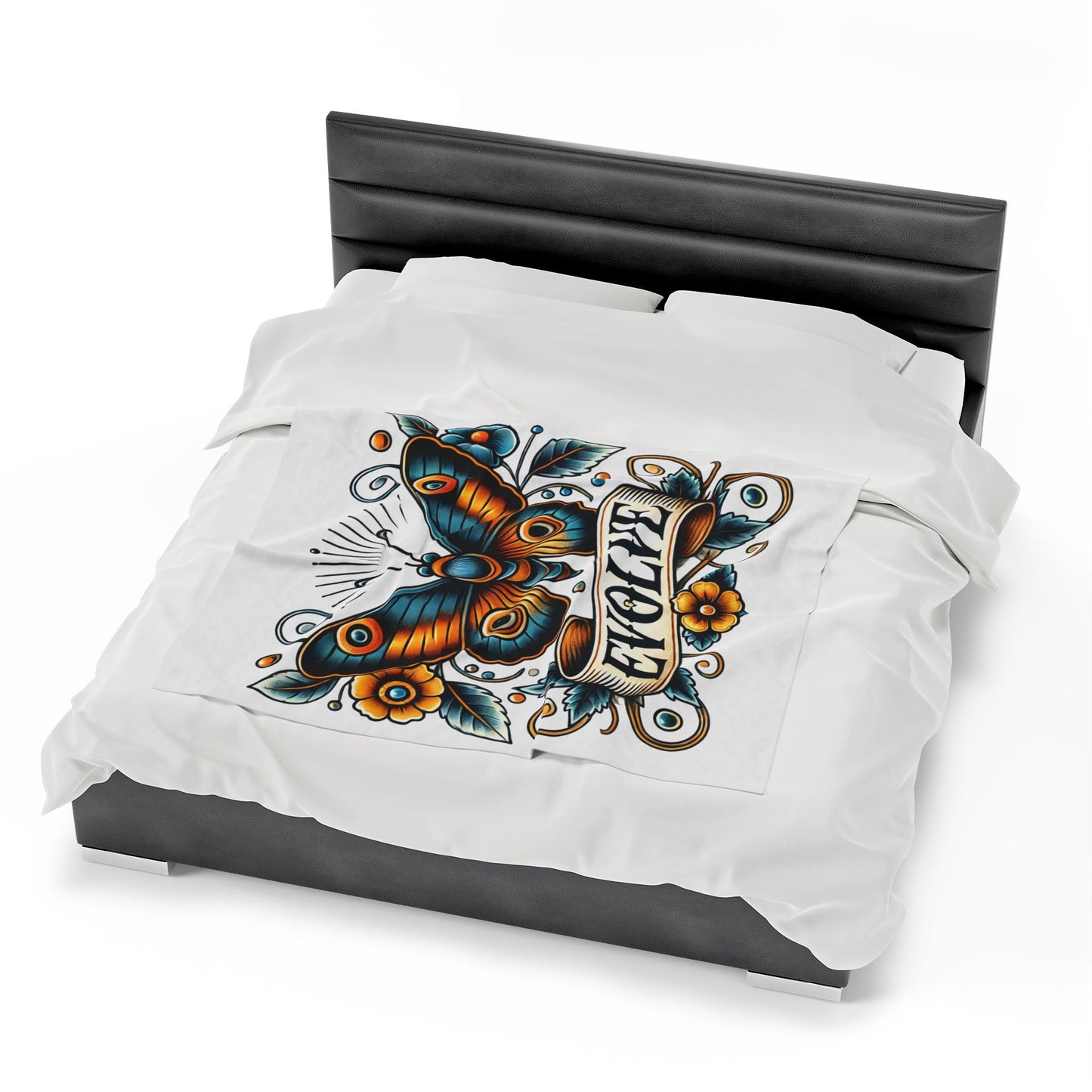 Butterfly Plush Blanket - Vintage Tattoo EVOLVE Design, Fleece Throw, Housewarming Gift, Nature Theme, Warm Bedding, Tattoo Lover