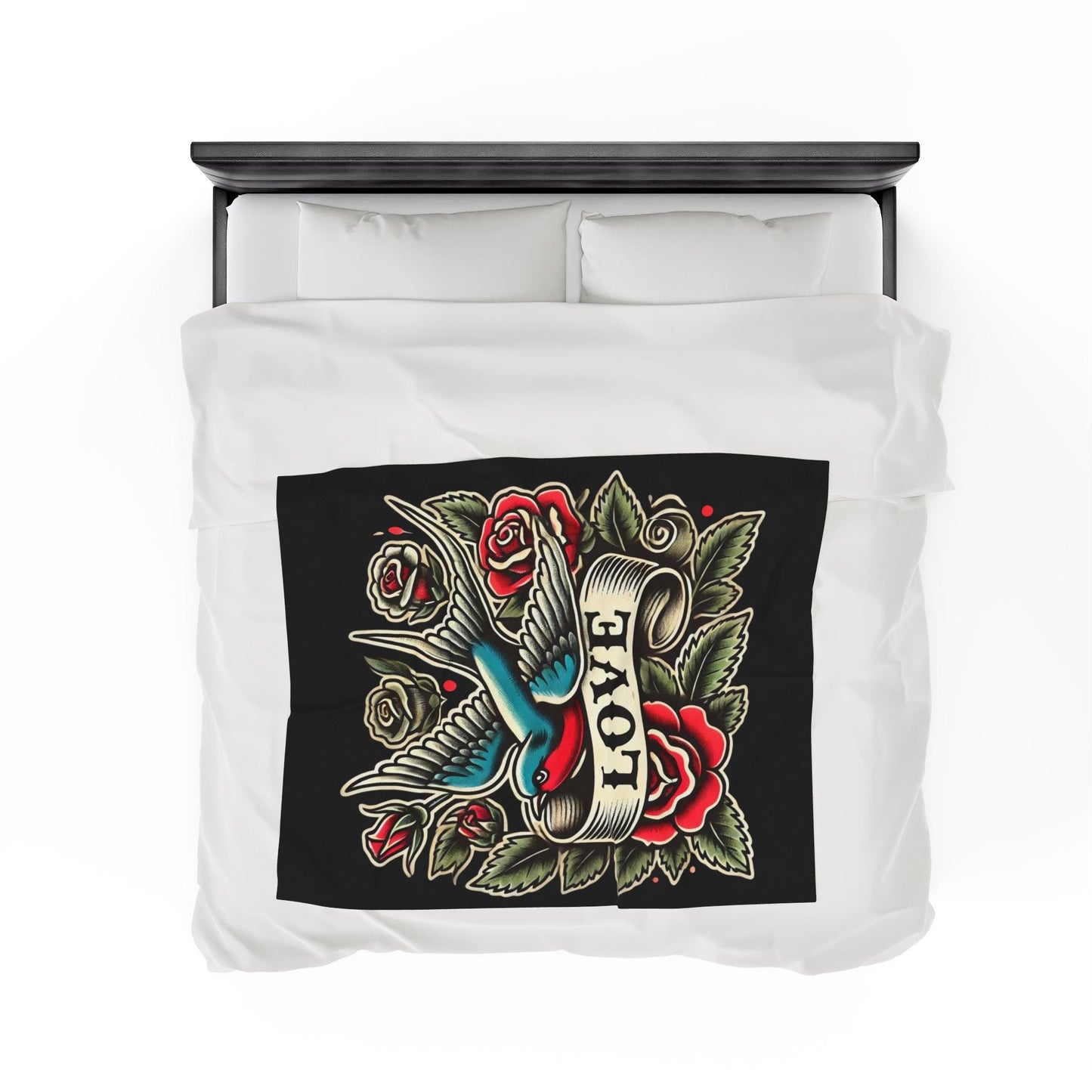 Bird Plush Blanket - Vintage Tattoo LOVE Design, Fleece Throw, Housewarming Gift, Nature Theme, Warm Bedding, Tattoo Lover