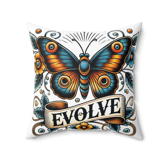 Butterfly Square Pillow, Vintage Tattoo EVOLVE Design, Retro Charm, Housewarming Gift, Spun Polyester Cover, Tattoo Lover, Throw Pillow