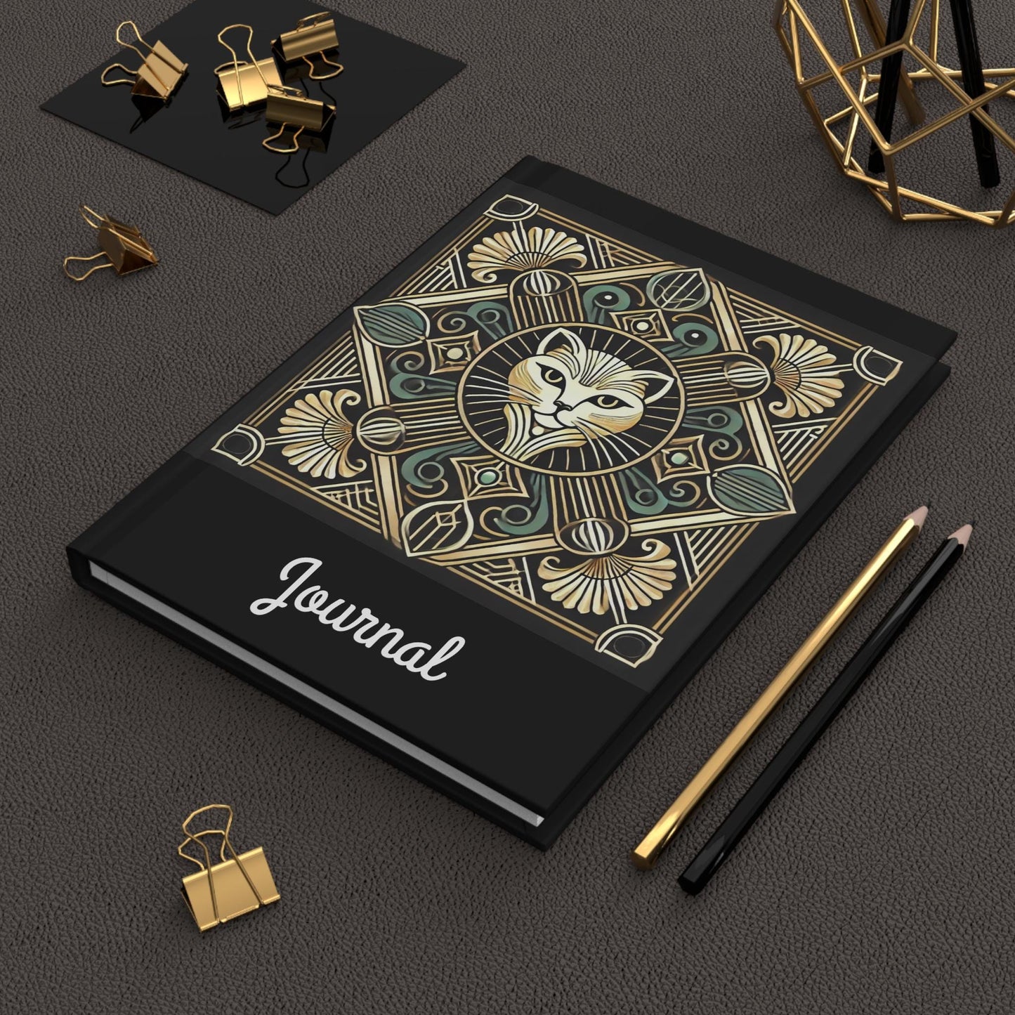 Cat Journal Hardcover - Vintage Art Deco Design - Book Lovers Gift, Retro Diary, Nature Journal, Literature Notebook