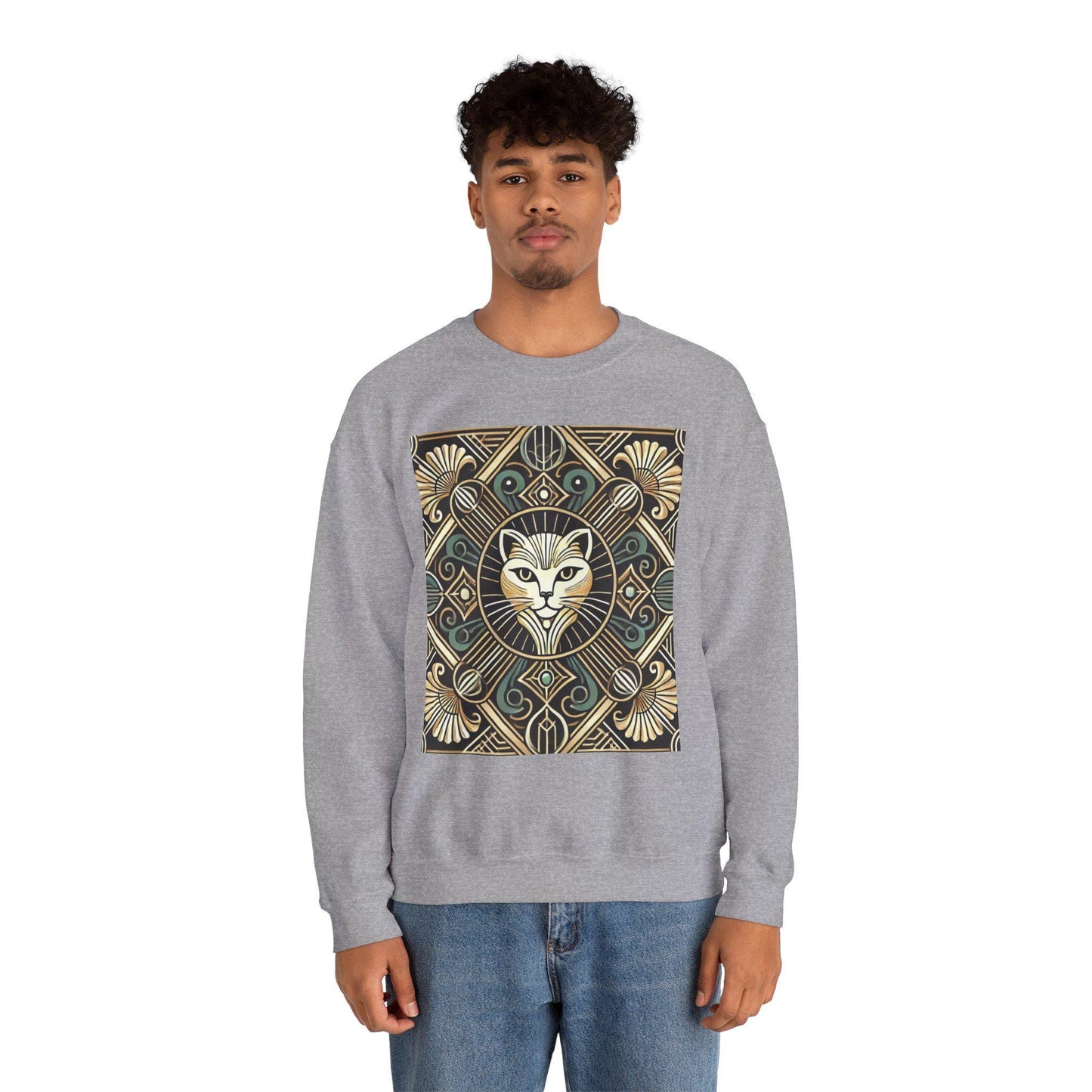 Cat Sweatshirt, Art Deco Design, Unisex Crewneck Jumper, Vintage Pullover, Gift for Cat Lover, Retro Style