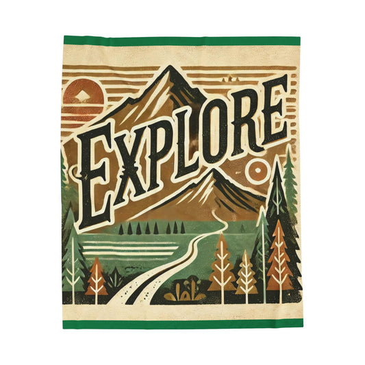 Plush Blanket, Vintage EXPLORE Design, Fleece Throw, Housewarming Gift, Nature Theme, Warm Bedding, Home Decor, Hiker Gift