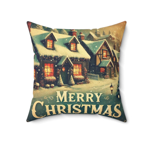 Chritmas Pillow Cozy Snow Village (14"x14" Square), Holiday Gifts, Christmas Village, Season's Greetings