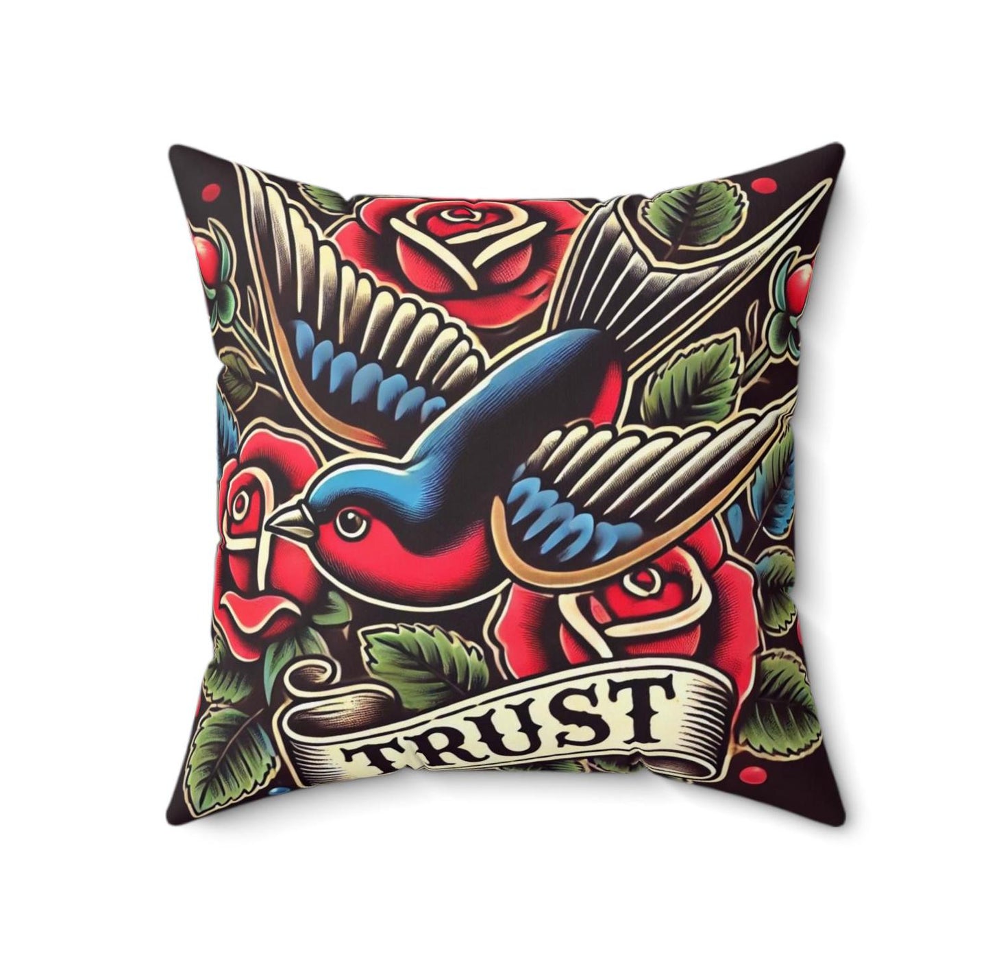 Square Pillow, Vintage Tattoo TRUST Design, Retro Charm, Housewarming Gift, Spun Polyester Cushion Cover, Tattoo Lover, Soft Throw Pillow