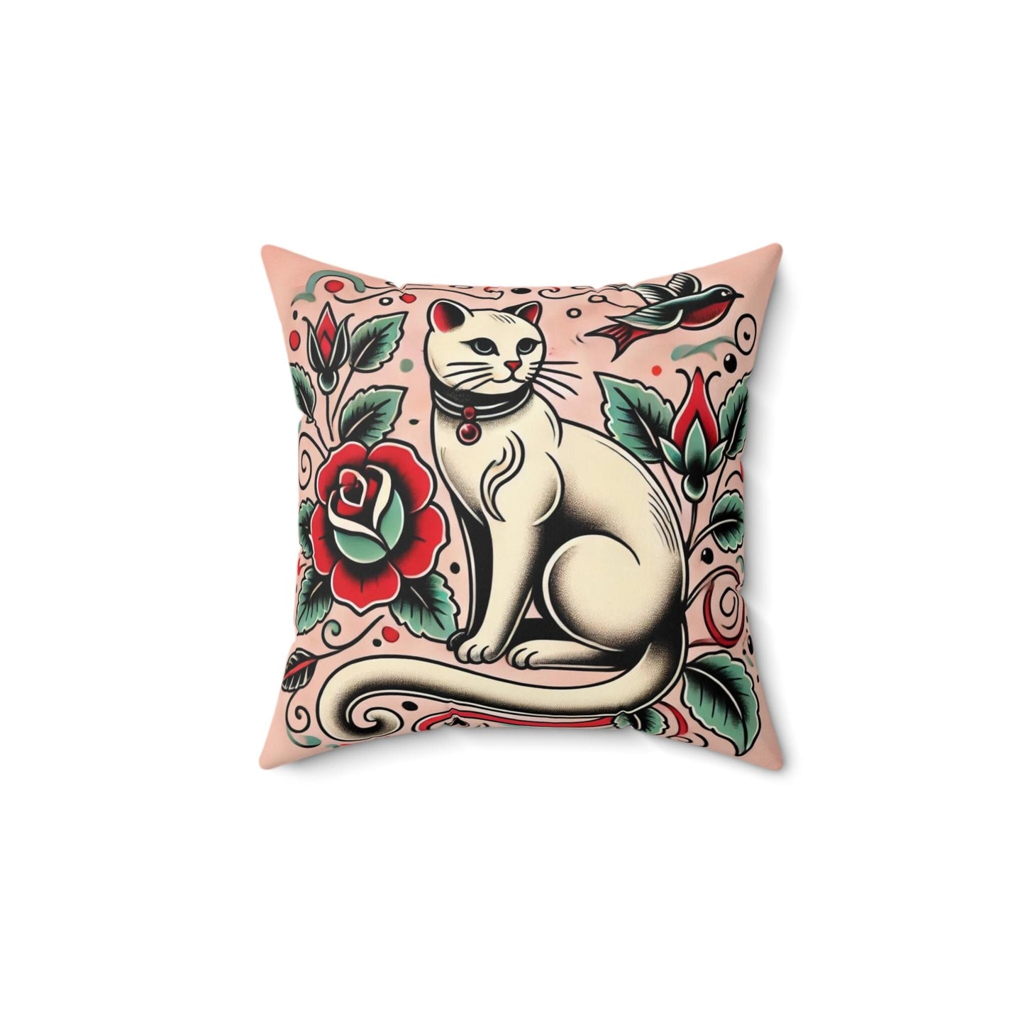 Cat Square Pillow, Vintage Tattoo Design, Retro Charm, Housewarming Gift, Spun Polyester Cushion Cover, Cat Lover, Soft Throw Pillow