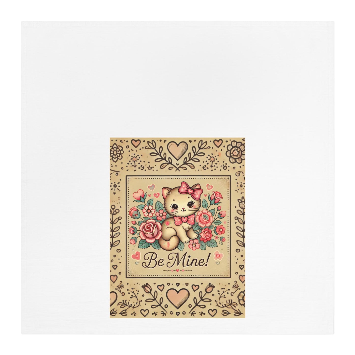 Valentine's Tea Towel - Cute Vintage-Style Kitten Be Mine Floral Design, Rustic Dish Towel, Holiday Farmhouse Kitchen Towel, Sweetheart Gift
