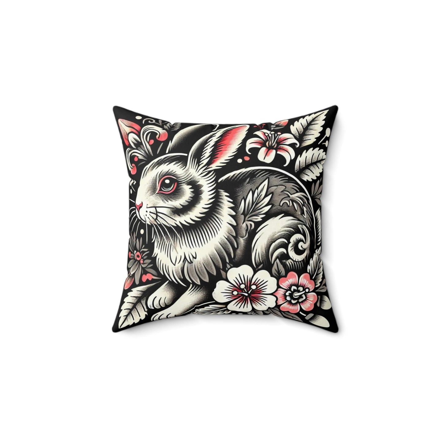 Rabbit Square Pillow, Vintage Tattoo Design, Retro Charm, Housewarming Gift, Spun Polyester Cushion Cover, Nature Lover, Throw Pillow