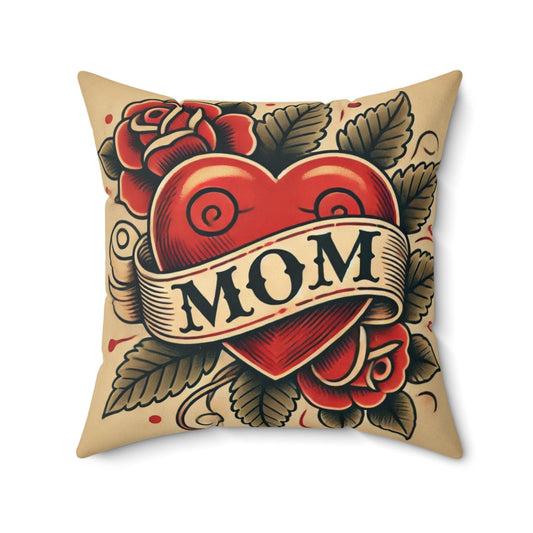 Square Pillow Vintage Sailor Tattoo MOM Design, Retro Charm Housewarming Gift, Tattoo Lover Decorative Cushion, Soft Throw Pillow