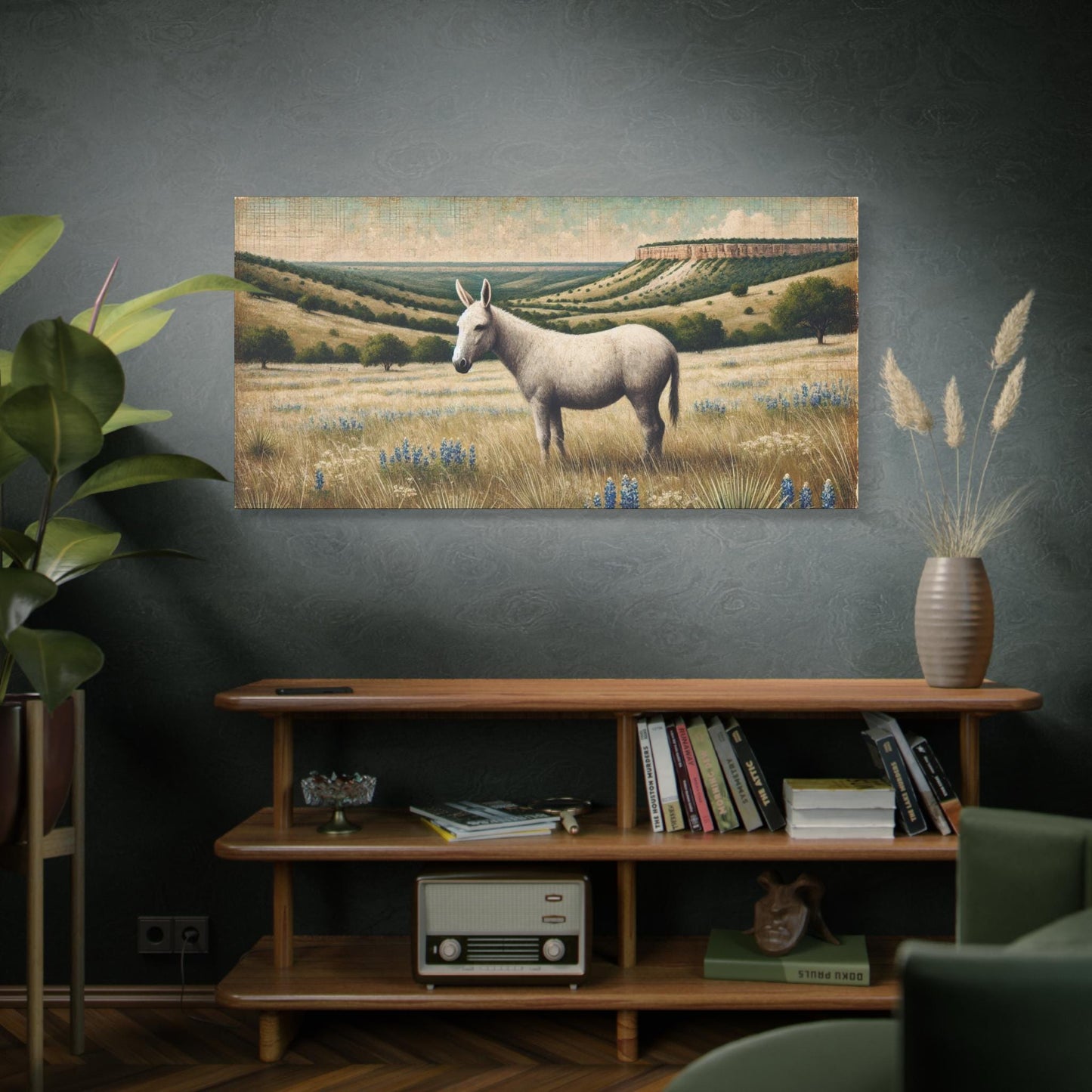 Original Primitive Folk Art Mule Canvas Print, Matte Stretched Art, 7 Sizes Available, Wall Decor, Landscape Painting, Home Office Decor