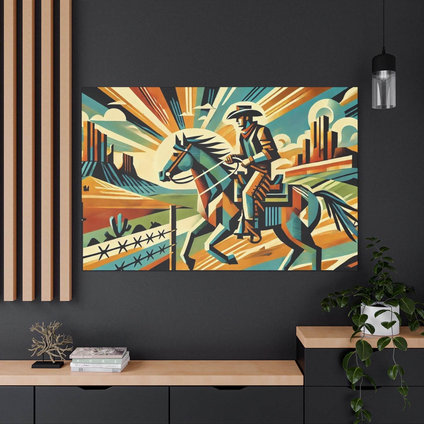 Original Modern Cubist Southwestern Canvas Print, Matte Stretched Horse Art, 7 Sizes, Wall Decor, Landscape Painting, Home Office Decor
