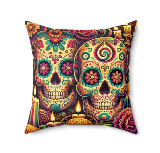 Day of the Dead Square Pillow, Sugar Skulls, Dia de los Muertos Decor, Halloween Pillow, Day of the Dead Gift, 14x14 Pillow