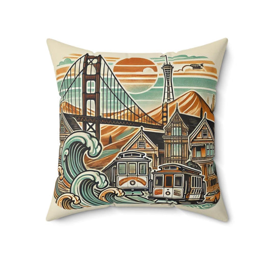 San Francisco Square Pillow, Housewarming Gift, California Vintage Charm, Birthday Present, Home Decor, Spun Polyester Cushion