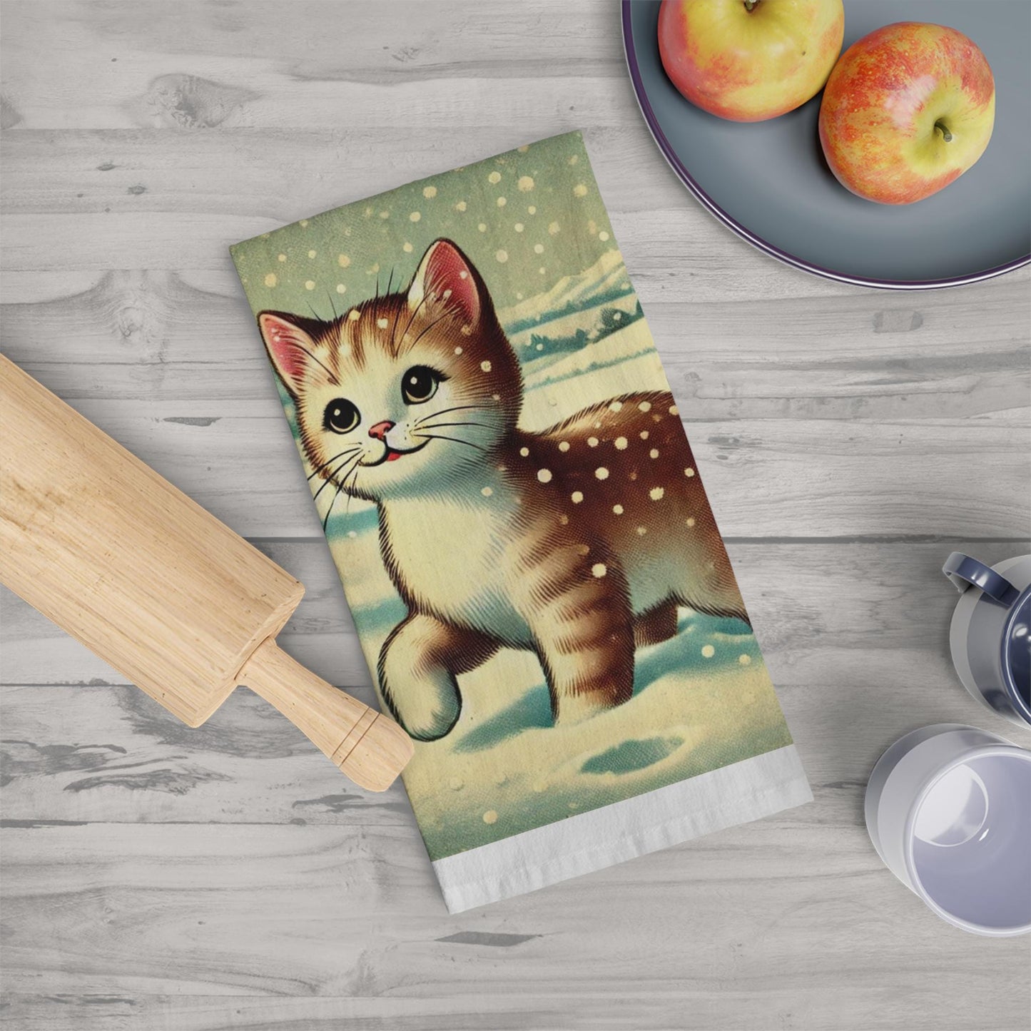 Holiday Tea Towel - Cat Lover, Nostalgic Decor Dish Towel, Winter Kitchen Towel, Farmhouse Tea Towel, Christmas Gift