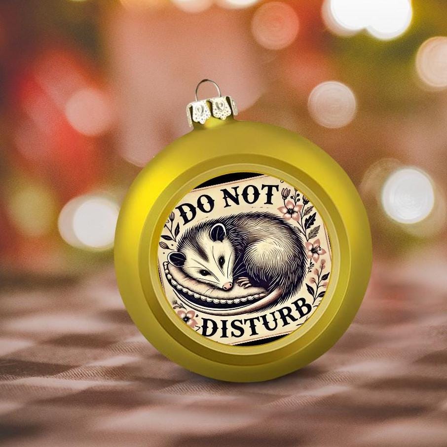 Ornament Set of 2 or 4, Festive Holiday Decor, Christmas Ball Decoration, Custom Possum Do Not Disturb Design, Funny Original Tree Trim