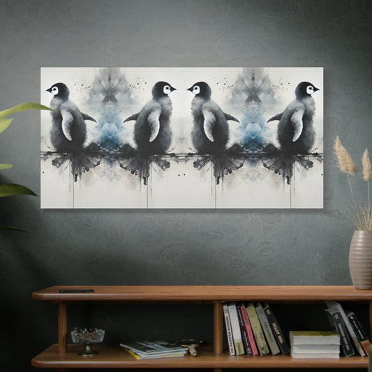 Matte Canvas Print, Original Abstract Watercolor Penguin Reflections 5 Portrait, Modern Stretched Wall Art, 7 Sizes, Home & Office Decor