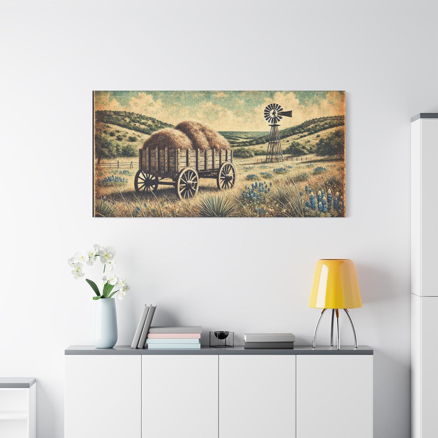 Original Primitive Folk Art Hay Wagon Canvas Print, Matte Stretched Wall Art, 7 Sizes Available, Landscape Painting, Home Office Decor