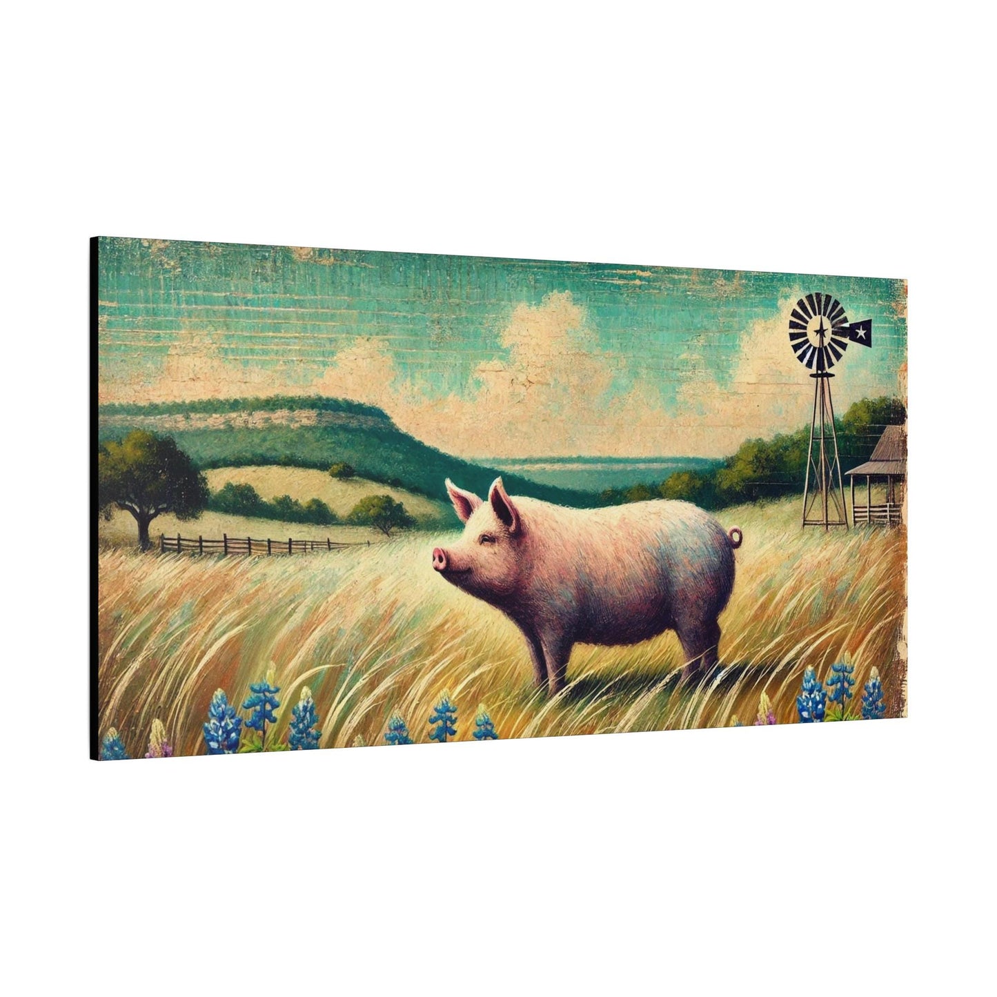 Original Primitive Folk Art Pig Canvas Print, Matte Stretched Wall Art, 7 Sizes Available, Landscape Painting, Home Office Decor, Pig Lover
