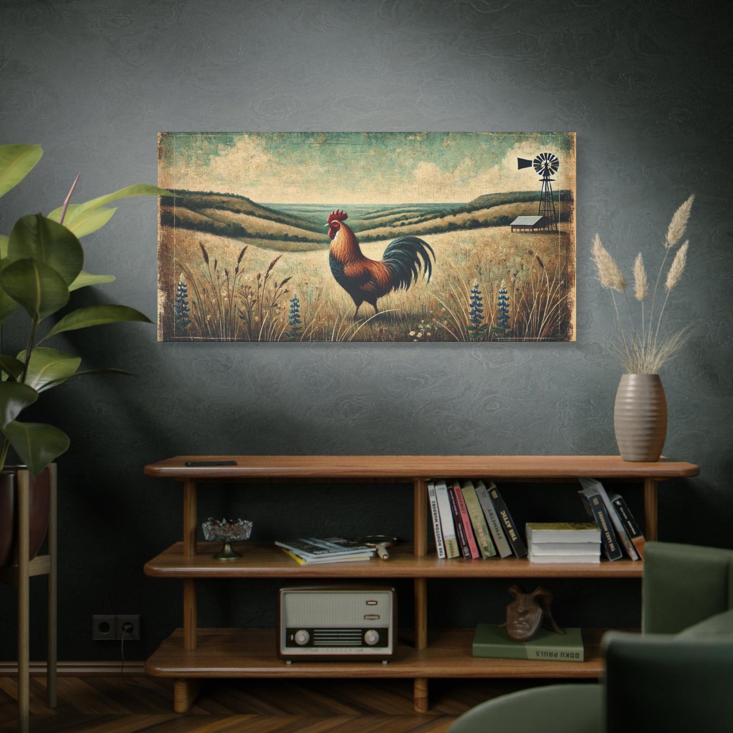 Original Primitive Folk Art Rooster Canvas Print, Matte Stretched Art, 7 Sizes Available, Wall Decor, Landscape Painting, Home Office Decor