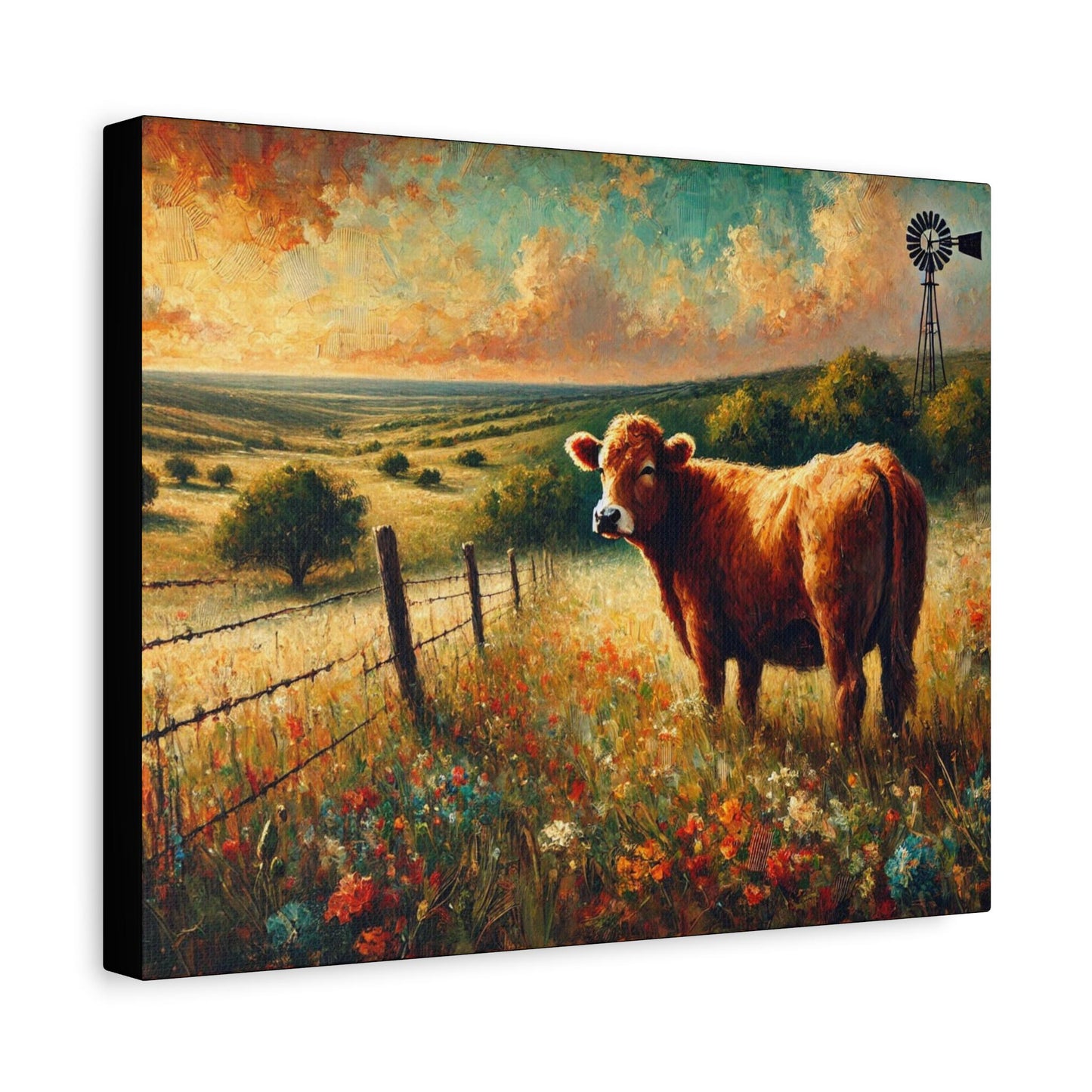 Impressionist Hill Country Canvas Cow Print, Matte Stretched Art, 7 Sizes Available, Wall Decor, Landscape Painting, Home Office Decor