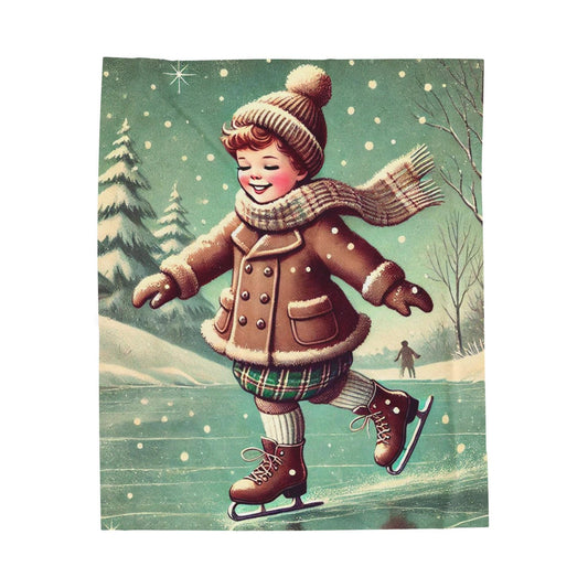 Plush Winter Blanket, Vintage Ice Skating Design, Soft Fleece Throw, Housewarming Gift, Holiday Home Decor, Christmas Theme, Warm Bedding